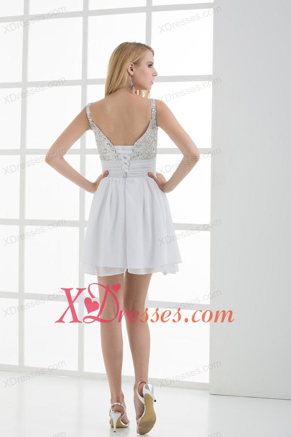 A-line Straps White Sleeveless Beading and Ruching Prom Dress