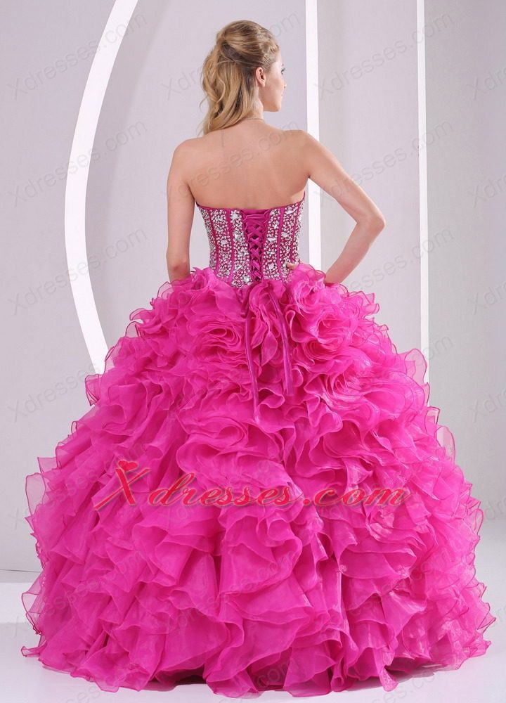 Hot pink Ruffles Ball Gown Sweetheart Beaded Decorate Quinceanera Gowns in Sweet 16