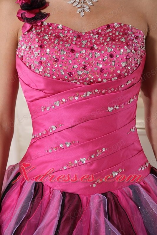 Multi-colored Ball Gown One Shoulder Floor-length Organza Beading and Ruffles Quinceanera Dress