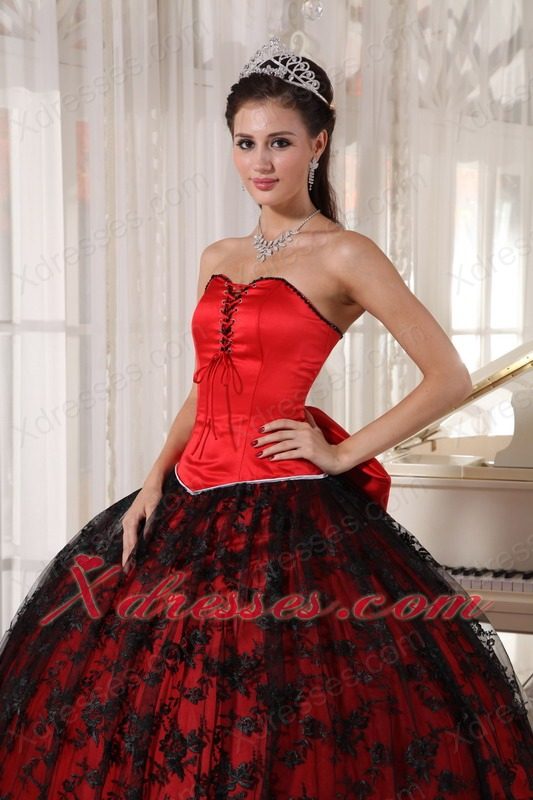 Red Ball Gown Sweetheart Floor-length Tulle and Taffeta Lace Quinceanera Dress