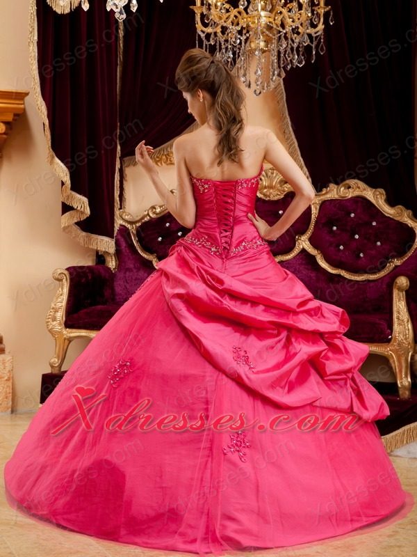 Hot pink Ball Gown Strapless Floor-length Taffeta Appliques Quinceanera Dress