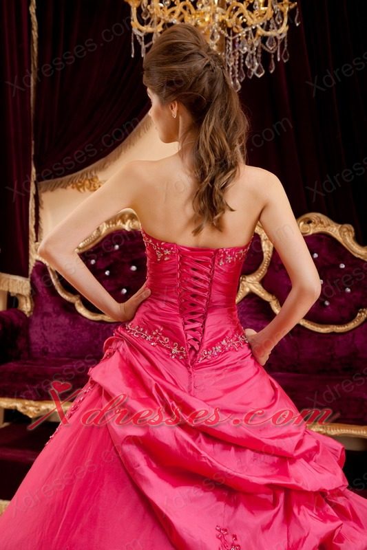 Hot pink Ball Gown Strapless Floor-length Taffeta Appliques Quinceanera Dress