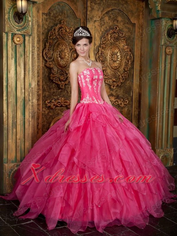 Gorgeous Ball Gown Strapless Floor-length Appliques Organza Hot Pink Quinceanera Dress