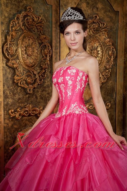 Gorgeous Ball Gown Strapless Floor-length Appliques Organza Hot Pink Quinceanera Dress