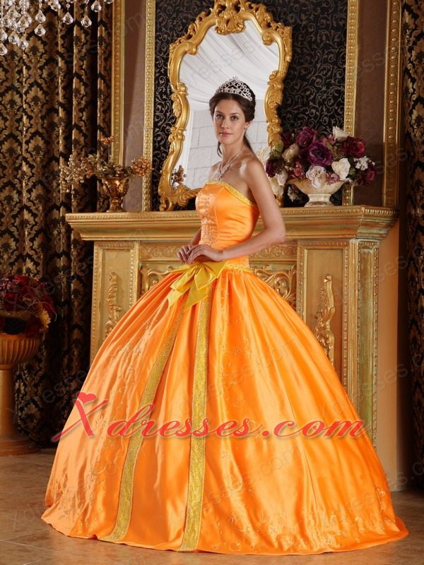 Orange Ball Gown Strapless Floor-length Satin Embroidery Quinceanera Dress