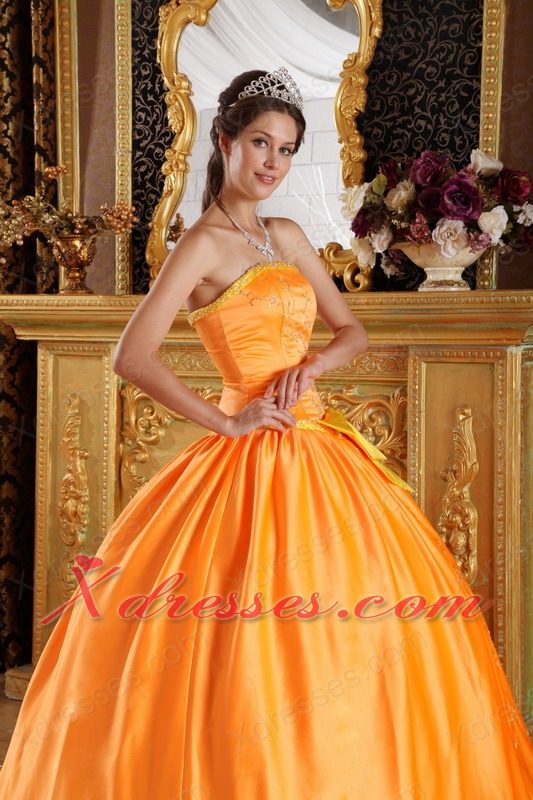 Orange Ball Gown Strapless Floor-length Satin Embroidery Quinceanera Dress
