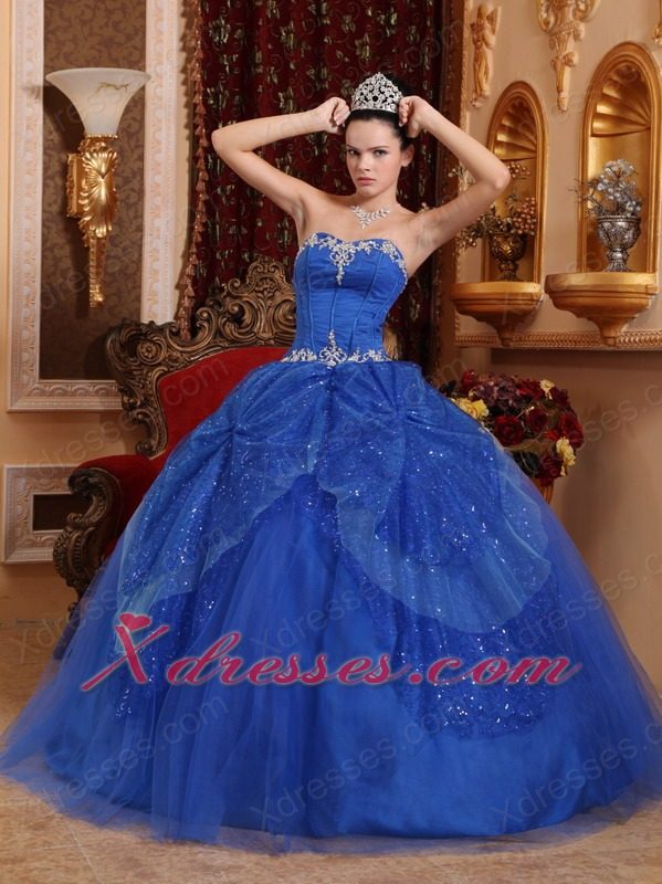 Blue Ball Gown Sweetheart Floor-length Tulle Beading and Appliques Quinceanera Dress