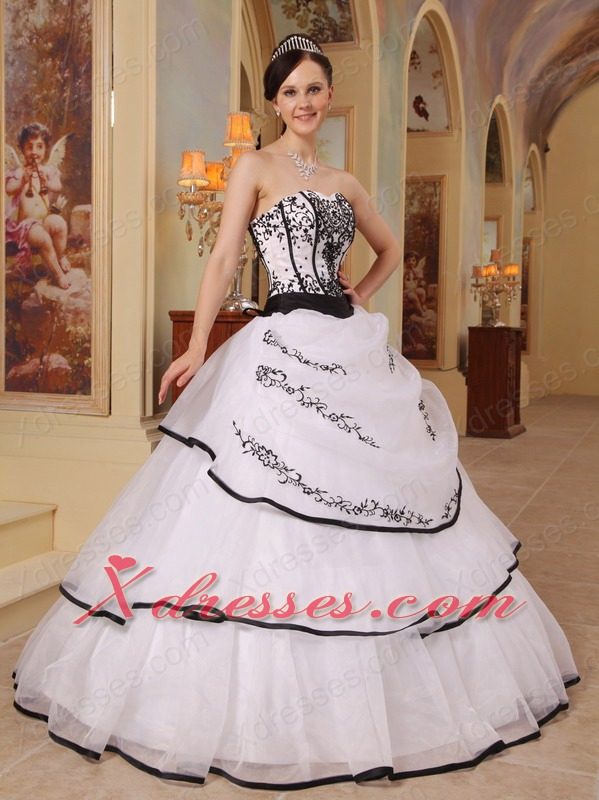 White and Black Ball Gown Strapless Floor-length Organza Embroidery Quinceanera Dress