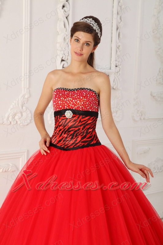 Red A-line / Princess Strapless Floor-length Tulle and Zebra Beading Quinceanera Dress