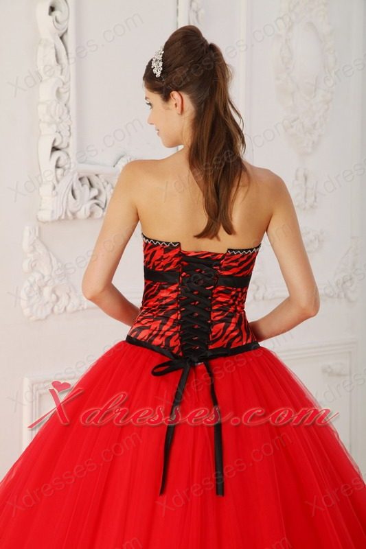 Red A-line / Princess Strapless Floor-length Tulle and Zebra Beading Quinceanera Dress