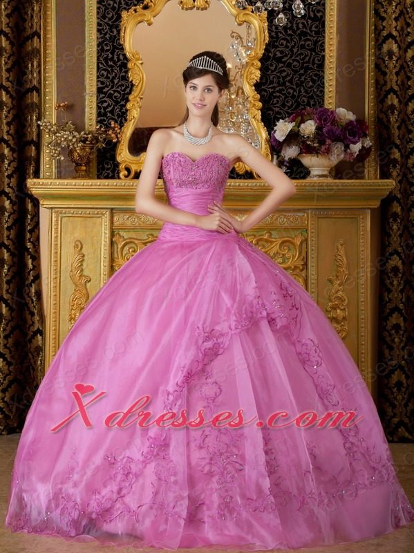 Rose Pink Ball Gown Sweetheart Floor-length Appliques Organza Quinceanera Dress