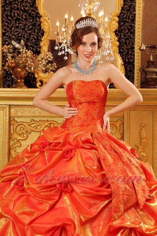 Popular Ball Gown Strapless Floor-length Taffeta Handle Flowers Orange Red Quinceanera Dress