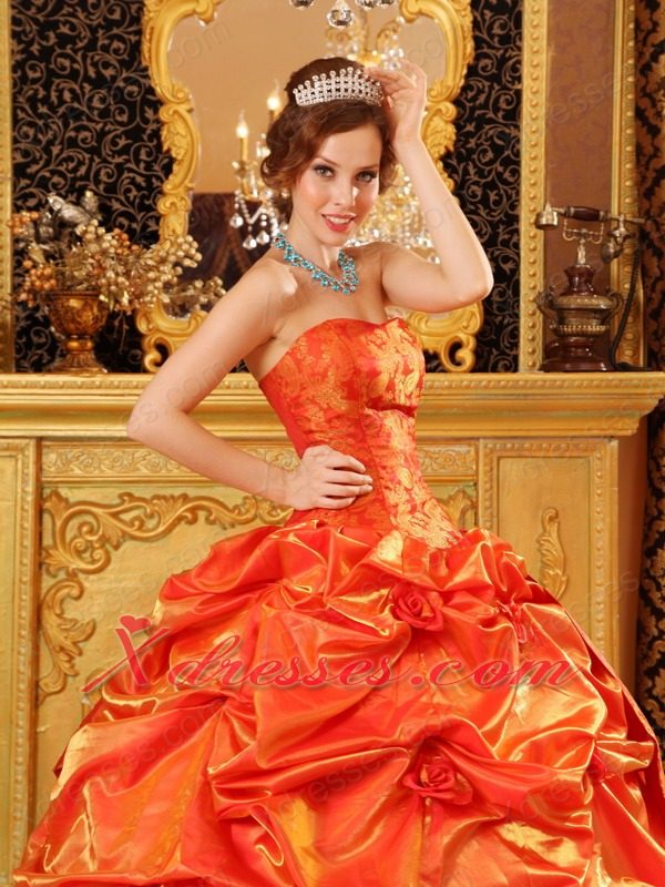 Popular Ball Gown Strapless Floor-length Taffeta Handle Flowers Orange Red Quinceanera Dress
