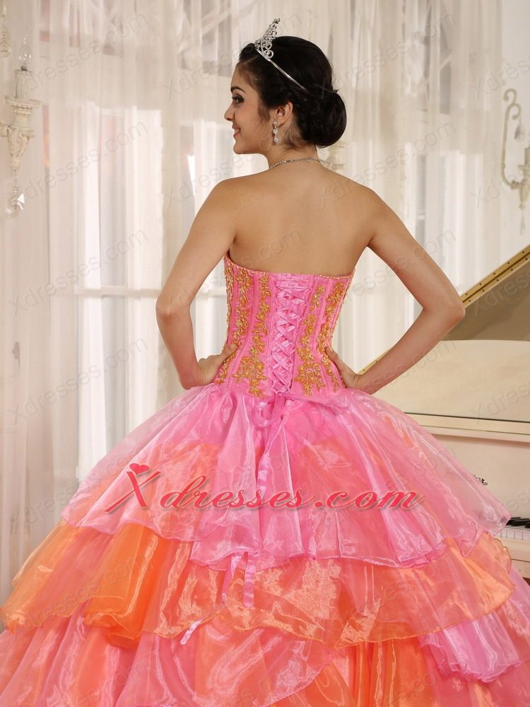 Ruffled Layers and Appliques Decorate Up Bodice For Rose Pink and Orange Quinceanera Dress