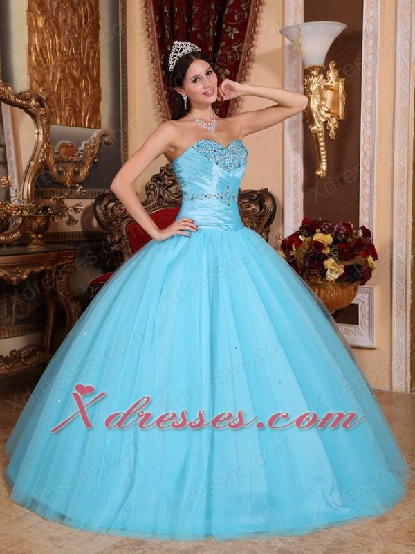Baby Blue Ball Gown Sweetheart Floor-length Tulle and Taffeta Beading and Ruch Quinceanera Dress