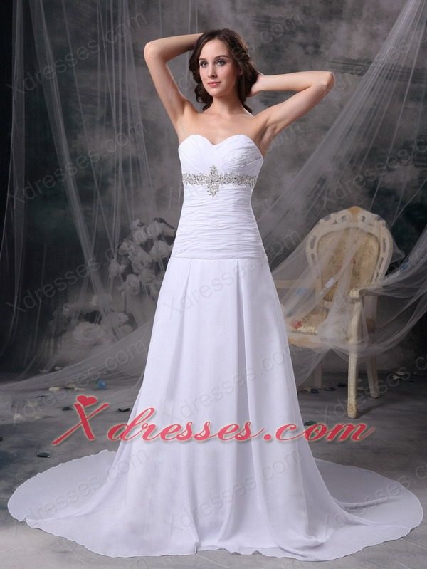 White Princess Sweetheart Court Train Chiffon Appliques and Ruch Wedding Dress