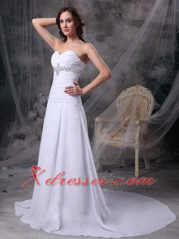 White Princess Sweetheart Court Train Chiffon Appliques and Ruch Wedding Dress