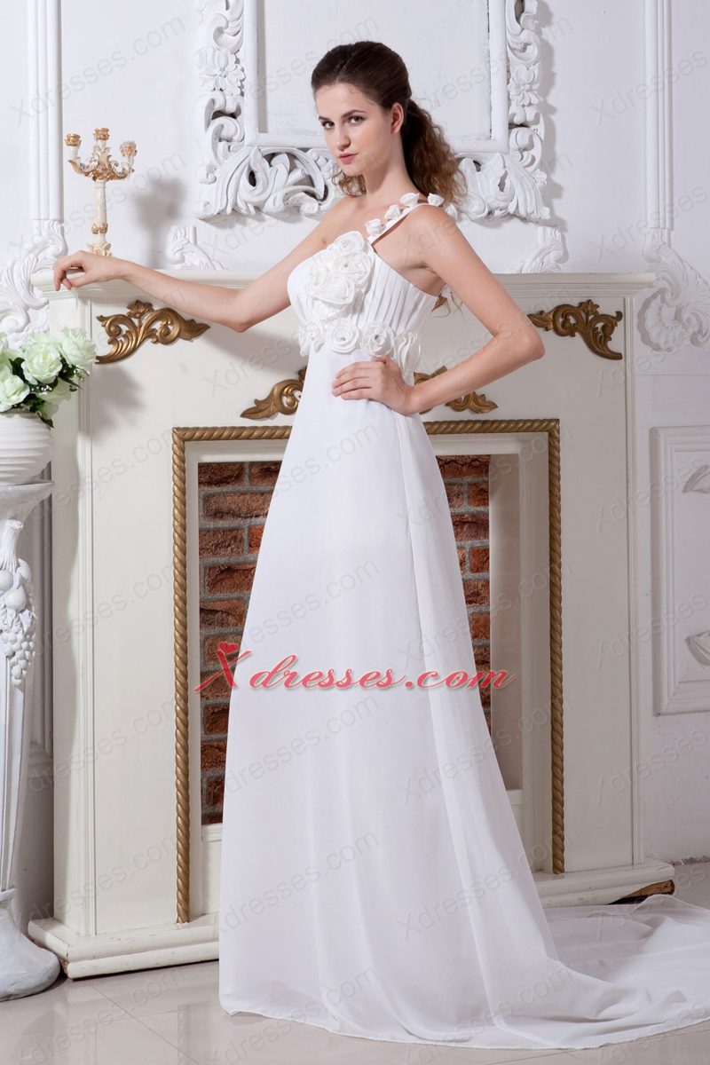 Beautiful A-line / Princess One Shoulder Court Train Chiffon Hand Made Flowers Wedding Dress