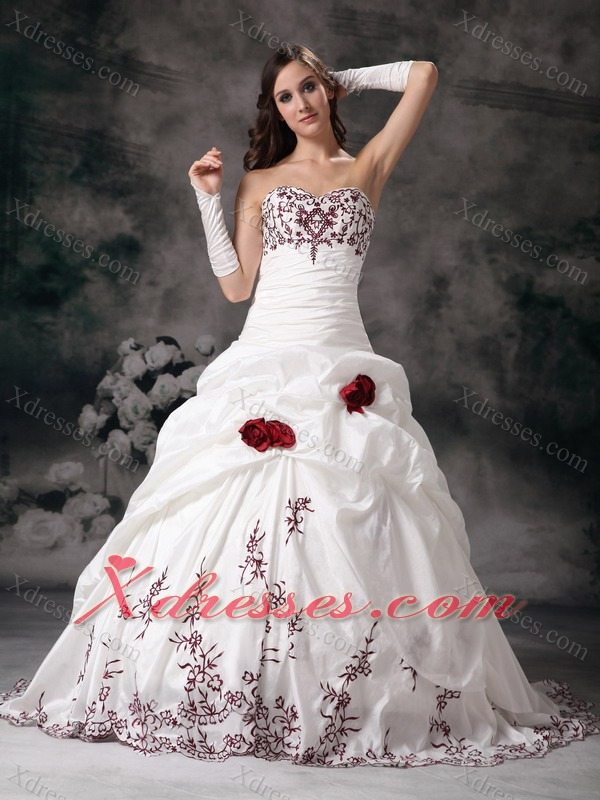 White Ball Gown Sweetheart Brush Train Taffeta Embroidery Wedding Dress