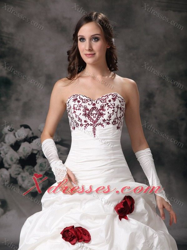 White Ball Gown Sweetheart Brush Train Taffeta Embroidery Wedding Dress
