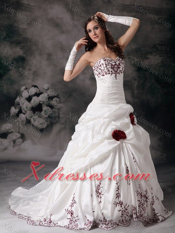 White Ball Gown Sweetheart Brush Train Taffeta Embroidery Wedding Dress