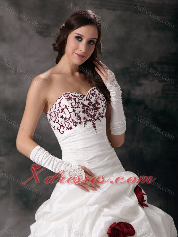 White Ball Gown Sweetheart Brush Train Taffeta Embroidery Wedding Dress