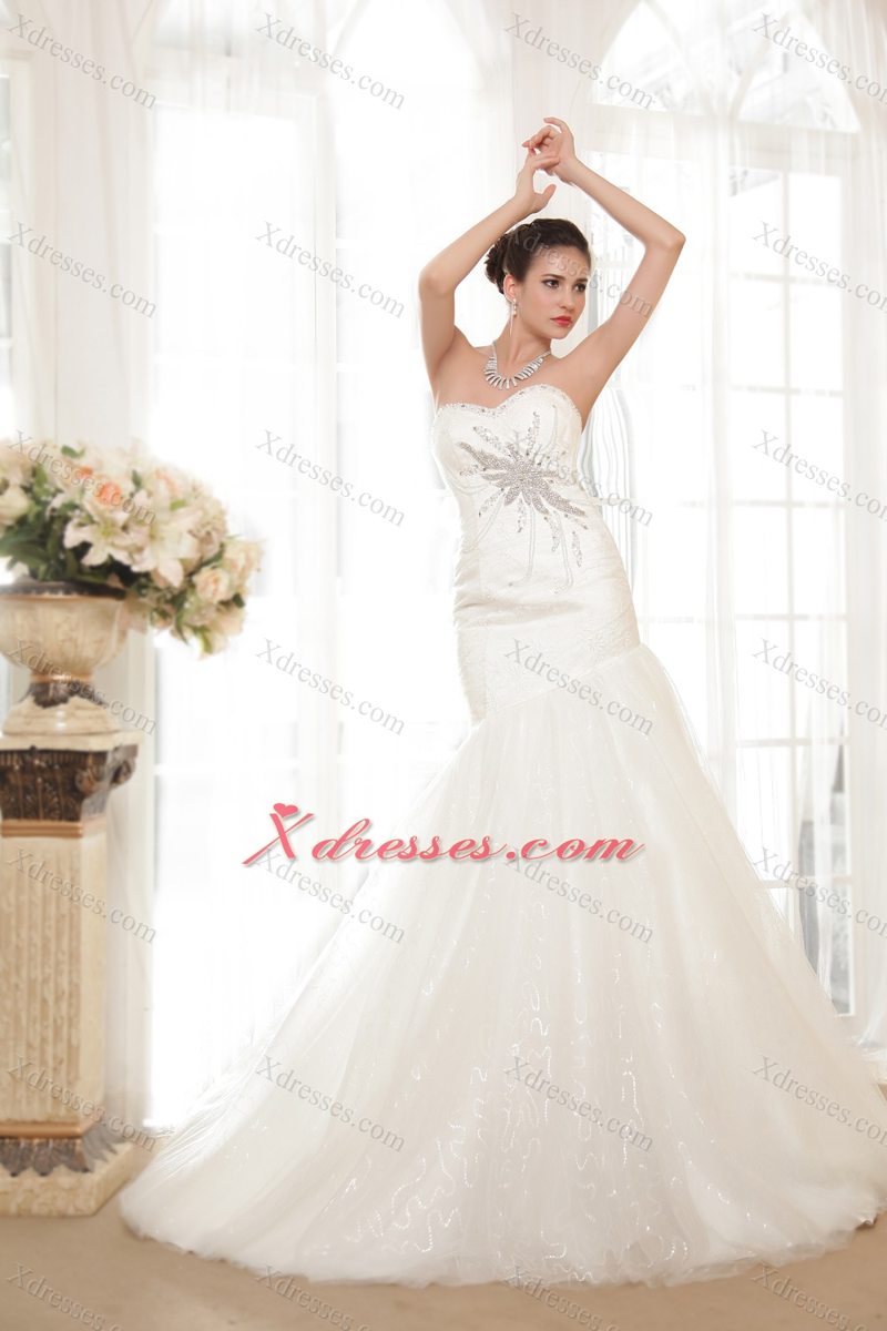 Perfect Mermaid / Trumpet Sweetheart Chapel Train Organza Sequins Wedding Dress