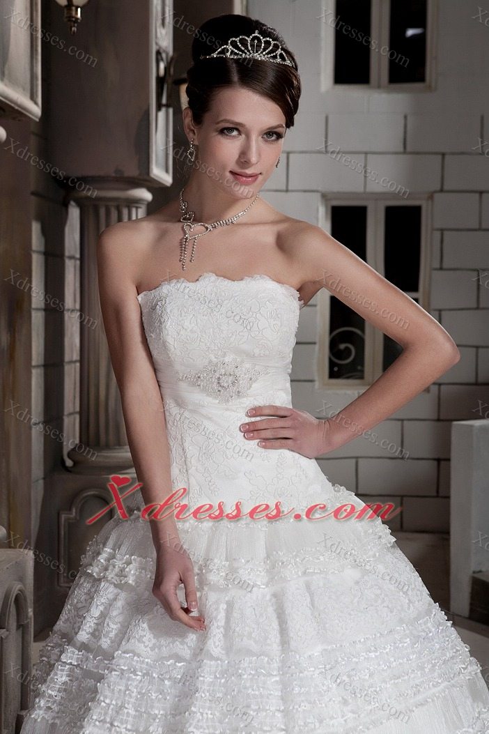 Customize A-line Strapless Brush Train Special Fabric Beading Wedding Dress