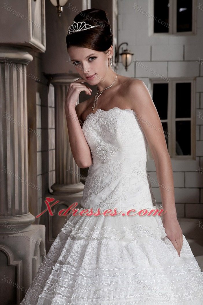 Customize A-line Strapless Brush Train Special Fabric Beading Wedding Dress