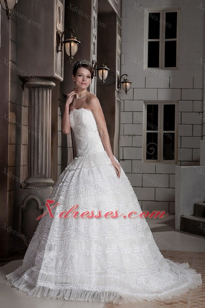 Customize A-line Strapless Brush Train Special Fabric Beading Wedding Dress