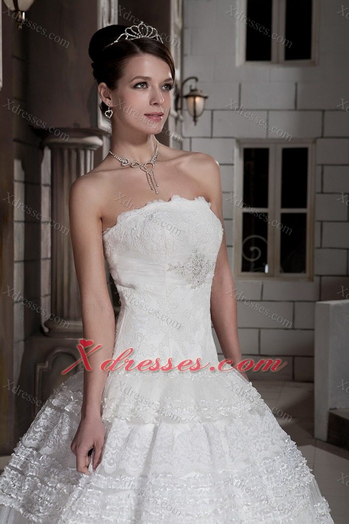 Customize A-line Strapless Brush Train Special Fabric Beading Wedding Dress