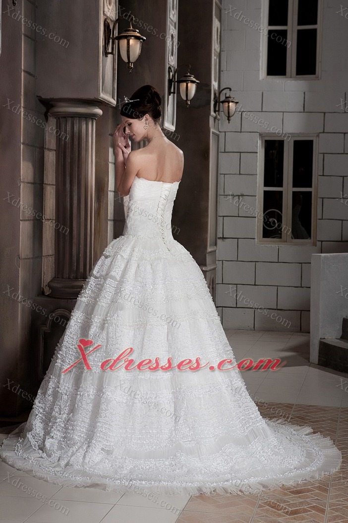 Customize A-line Strapless Brush Train Special Fabric Beading Wedding Dress