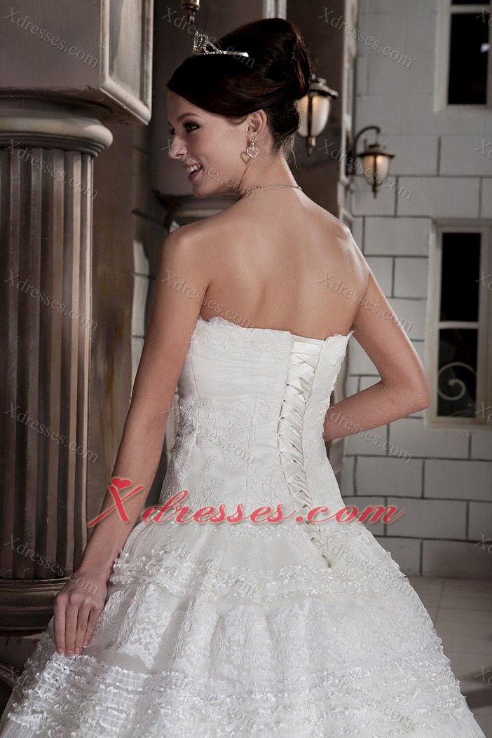 Customize A-line Strapless Brush Train Special Fabric Beading Wedding Dress