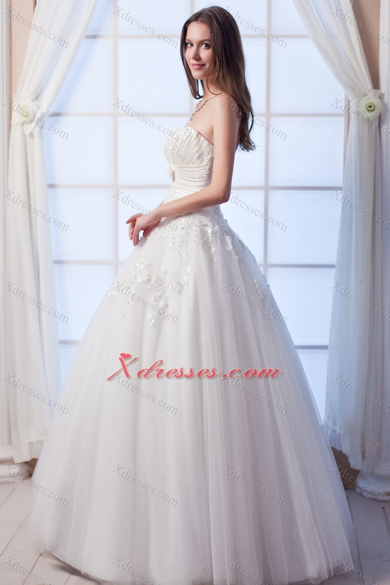 Best A-line Strapless Floor-lengthTulle Beading and Hand Made Flowers Wedding Dress
