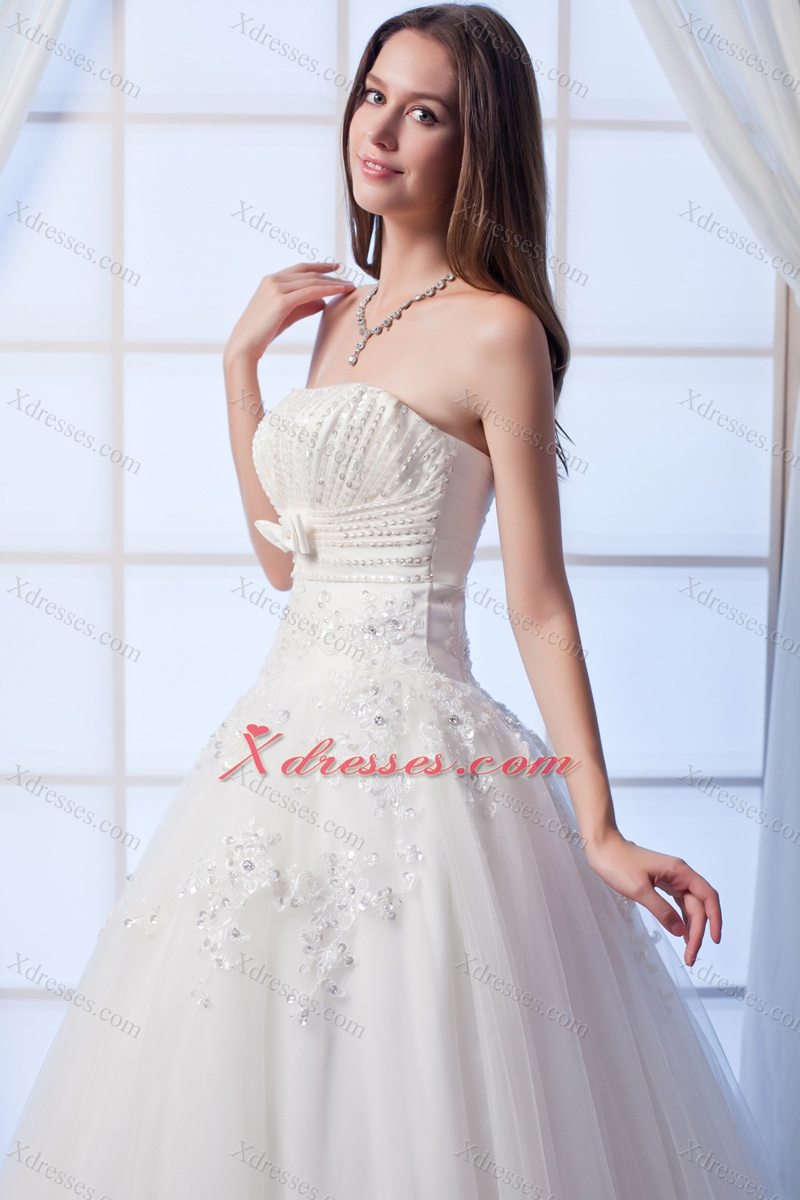 Best A-line Strapless Floor-lengthTulle Beading and Hand Made Flowers Wedding Dress