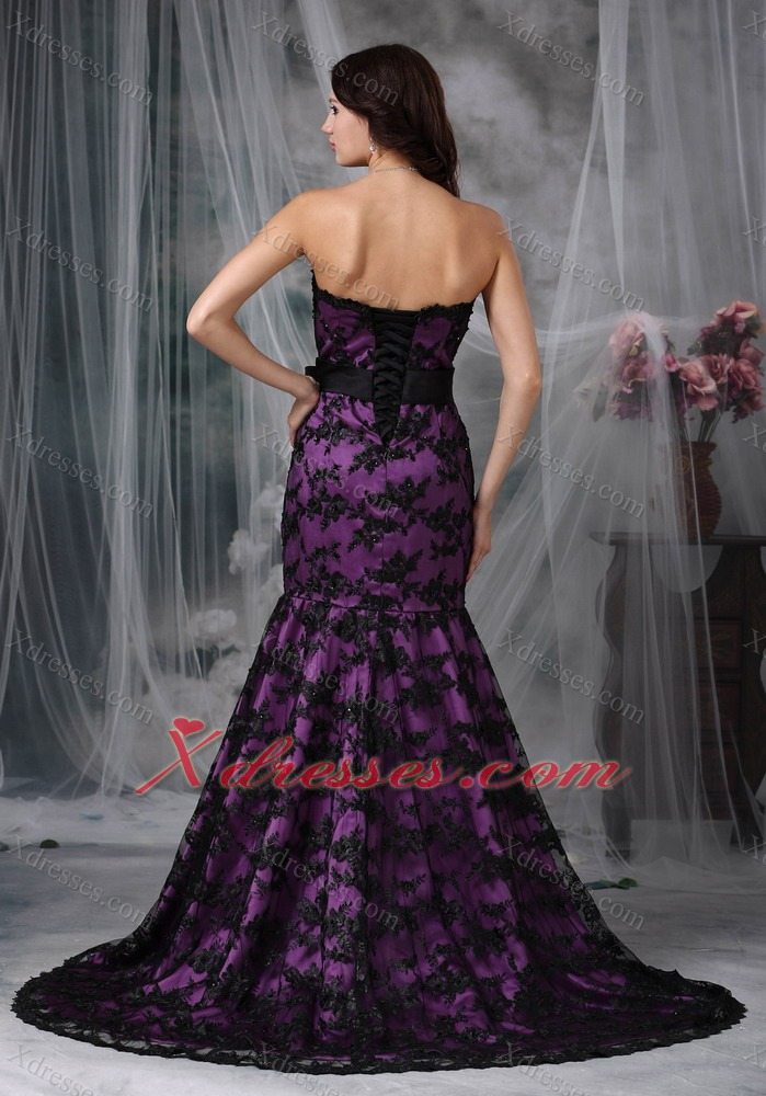 Black and Purple Mermaid Strapless Court Train Sash Taffeta and Lace Prom Dress