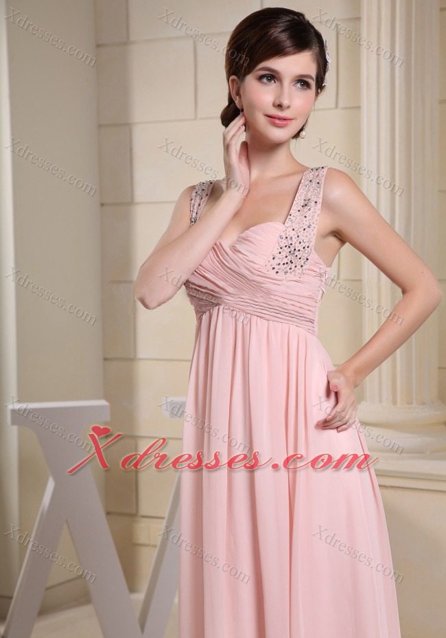 Beaded Decprate One Shoulder and Ruched Bodice For Baby Pink Prom Dress