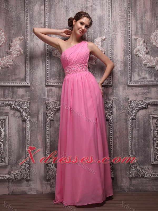 Rose Pink Empire One Shoulder Floor-length Chiffon Beading Prom / Evening Dress