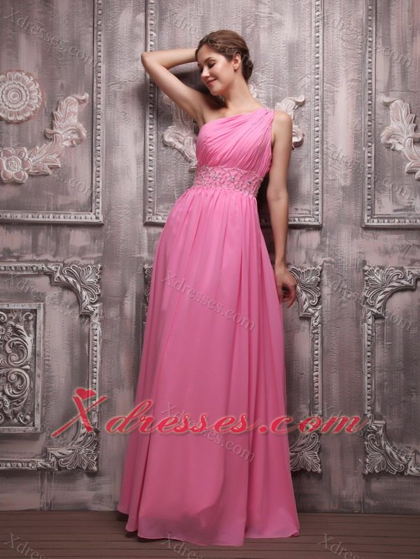 Rose Pink Empire One Shoulder Floor-length Chiffon Beading Prom / Evening Dress