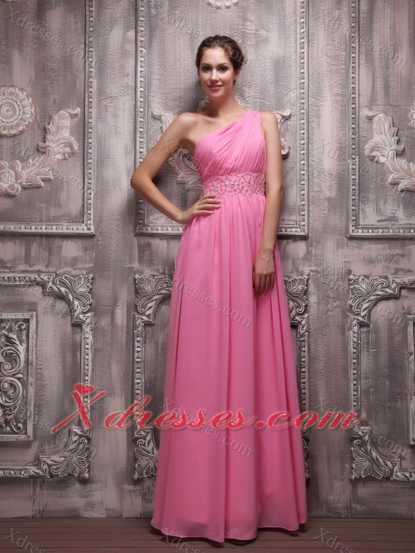 Rose Pink Empire One Shoulder Floor-length Chiffon Beading Prom / Evening Dress