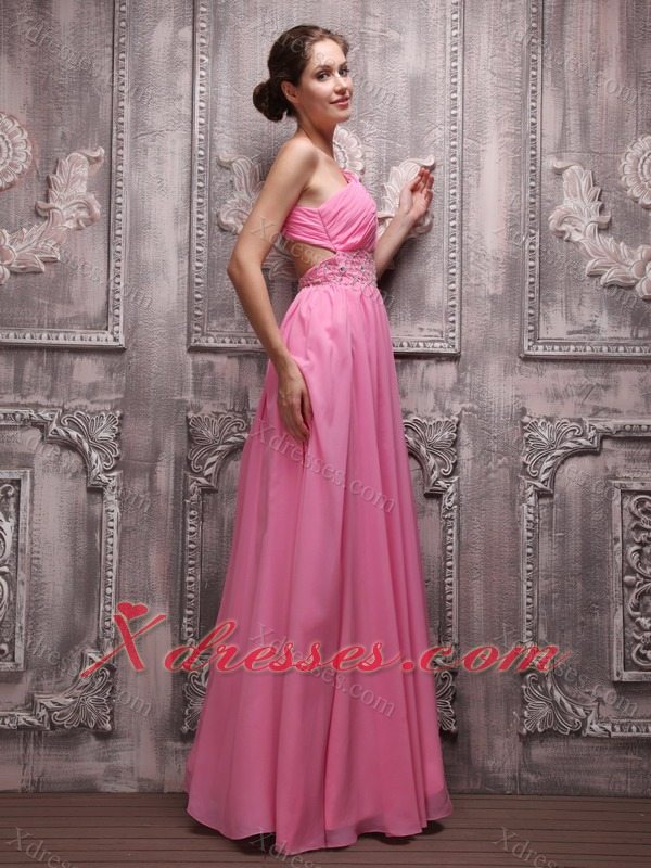 Rose Pink Empire One Shoulder Floor-length Chiffon Beading Prom / Evening Dress