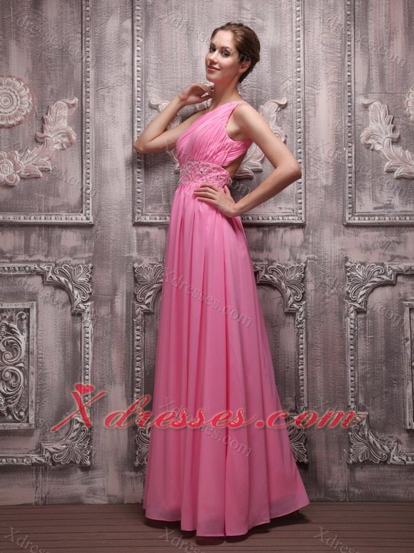 Rose Pink Empire One Shoulder Floor-length Chiffon Beading Prom / Evening Dress