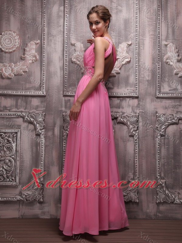 Rose Pink Empire One Shoulder Floor-length Chiffon Beading Prom / Evening Dress