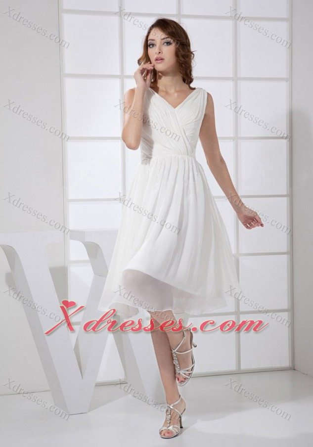 V-neck White Chiffon Knee-length Empire 2019 Prom Dress