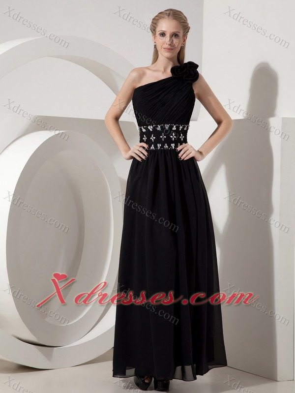 Black Column One Shoulder Ankle-length Chiffon Beading Prom Dress