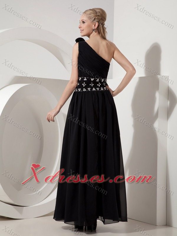 Black Column One Shoulder Ankle-length Chiffon Beading Prom Dress
