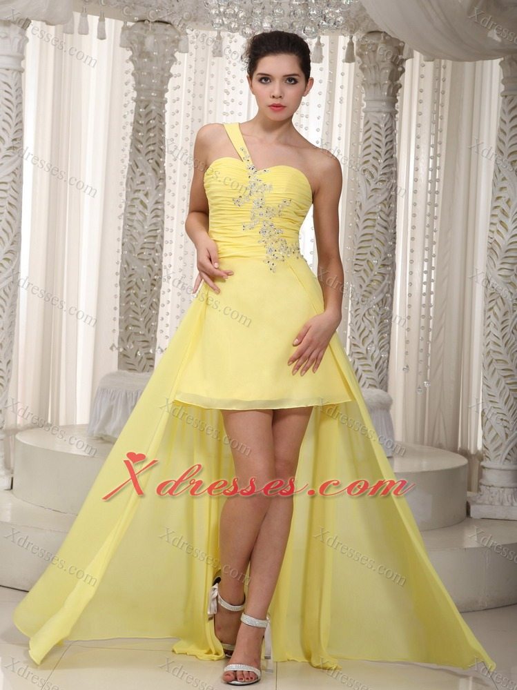 Yellow A-Line / Princess One Shoulder High-low Chiffon Beading Prom Dress