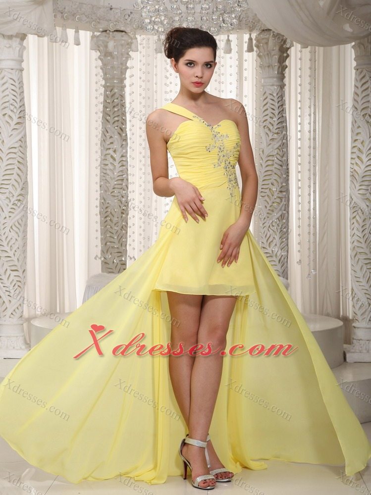 Yellow A-Line / Princess One Shoulder High-low Chiffon Beading Prom Dress