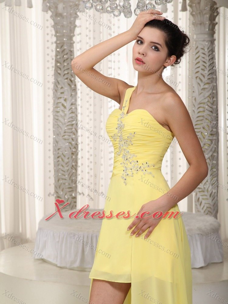 Yellow A-Line / Princess One Shoulder High-low Chiffon Beading Prom Dress