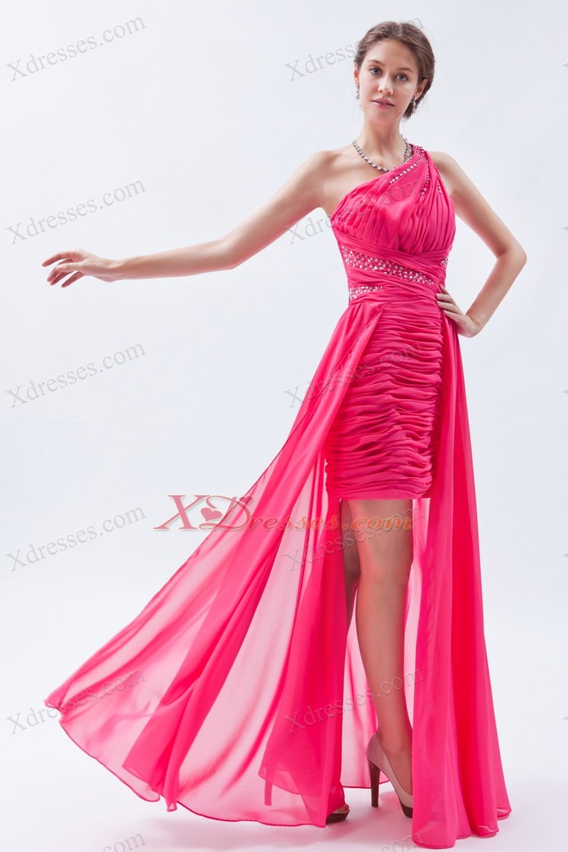 Hot Pink Column / Sheath One Shoulder High-low Chiffon Sequins Prom Dress